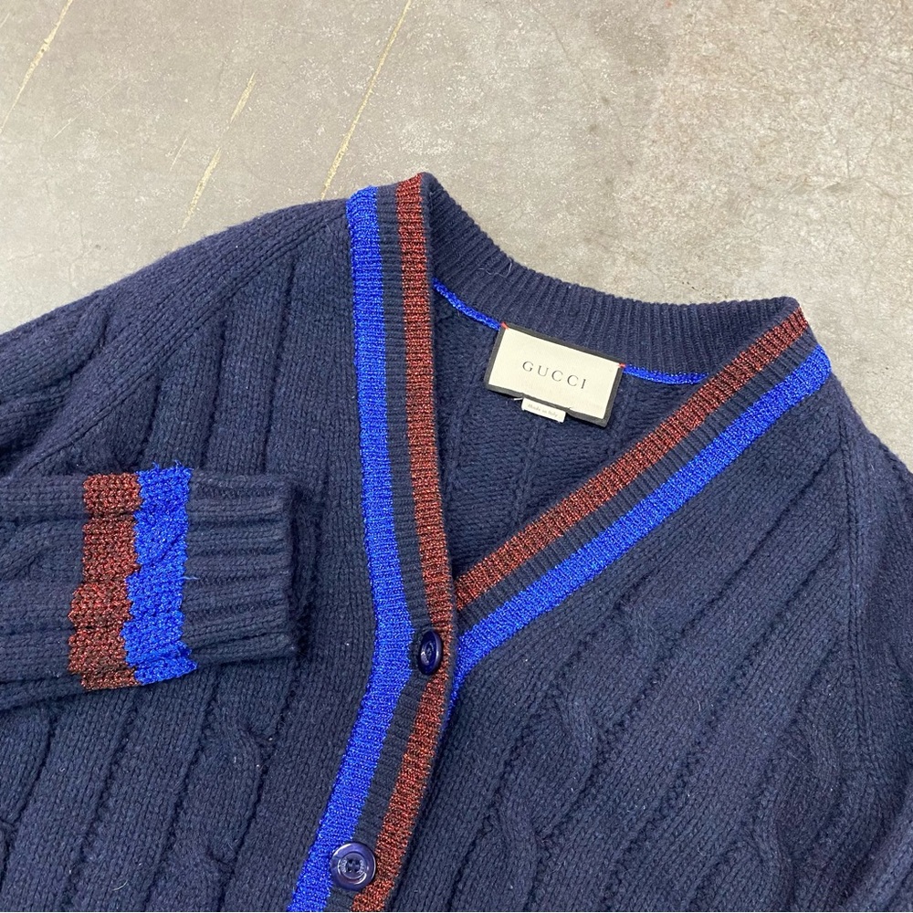 Gucci Cable Knit Cardigan Navy Stripe Trim Lambs Wool Sweater Women’s‎ Large
